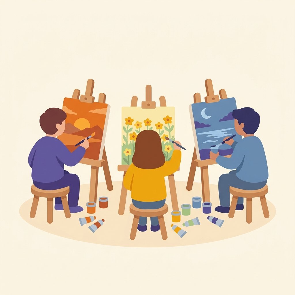 Illustration of three people painting different canvases side by side at easels