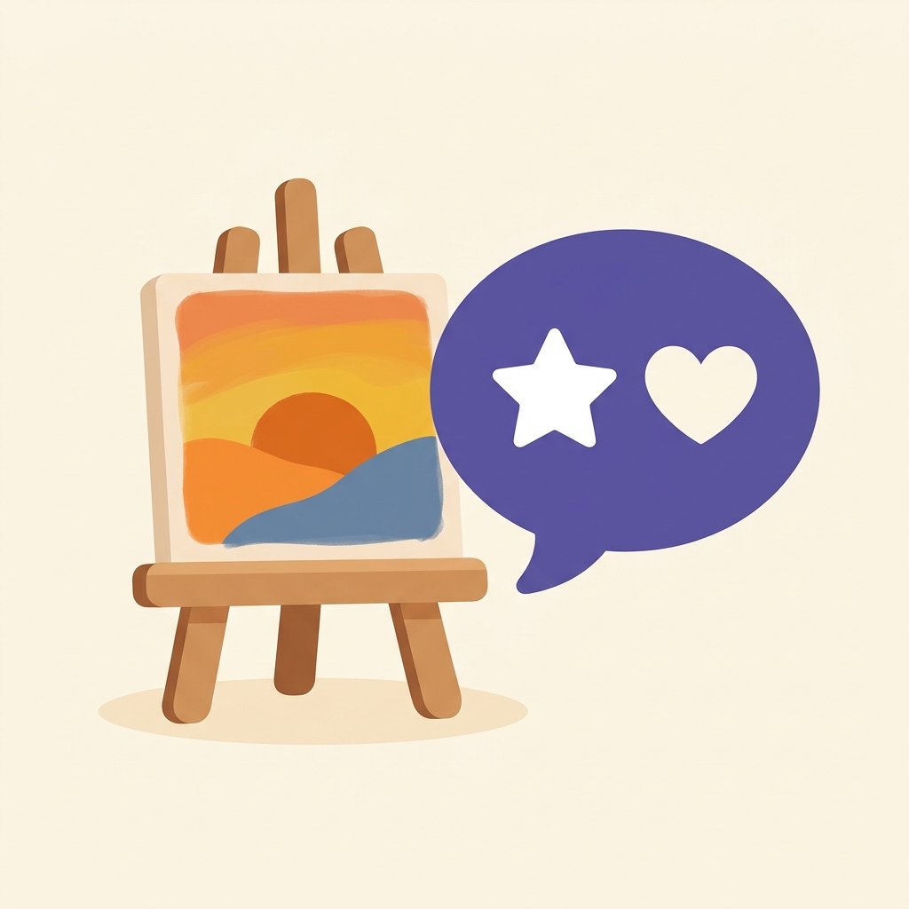 Illustration of a small easel with a sunset painting and a feedback speech bubble with a star and heart