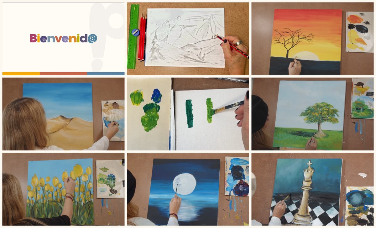 Grid of nine real lesson scenes from the course: drawing, sunset, dunes, color mixing, trees, tulips, moon, and a chess king painting