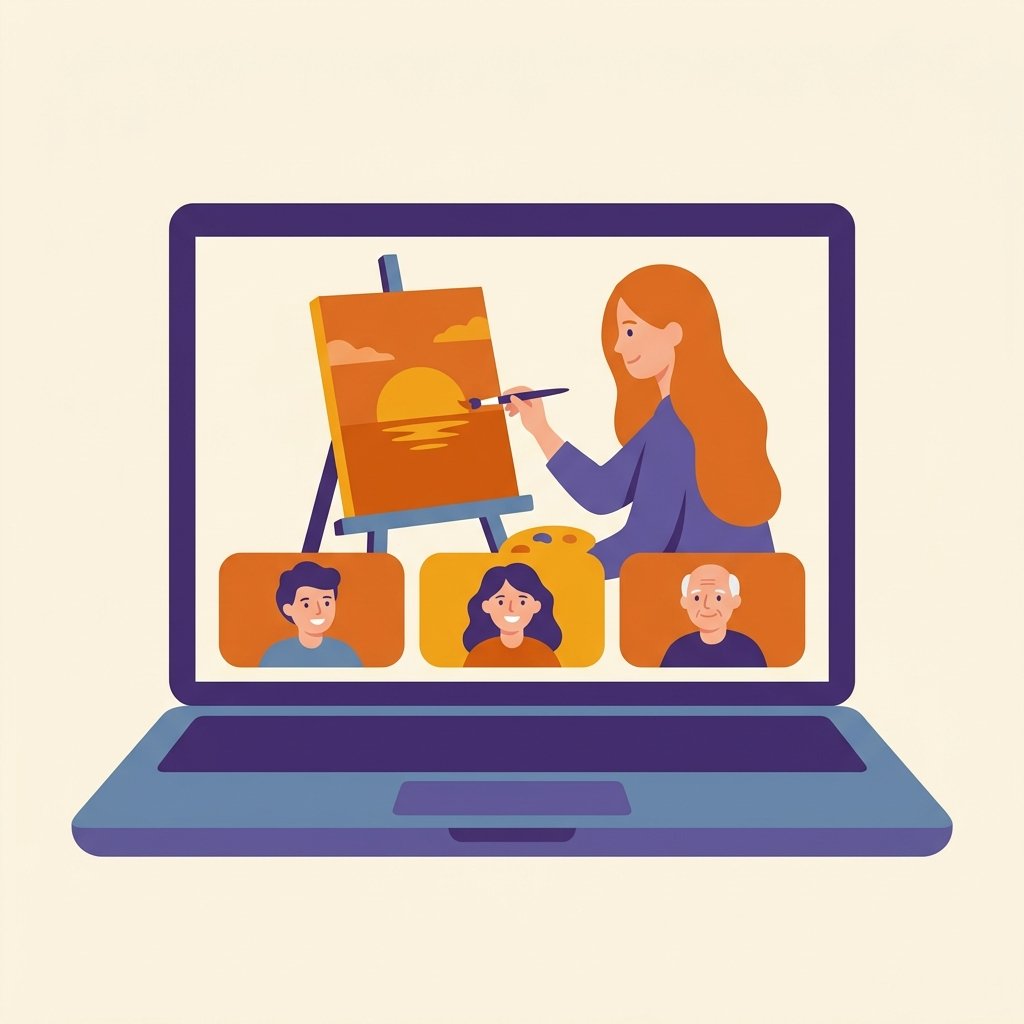 Illustration of a live online painting class on a laptop with an instructor at an easel and student video tiles